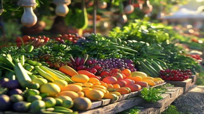 Etal colore legumes fruits biologiques frais marche