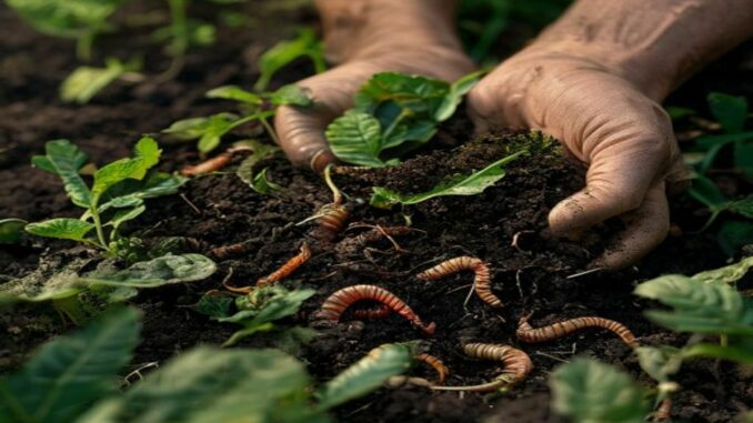 Mains tenant compost riche vers de terre agriculture ecologique