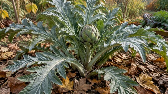 Pied d'artichaut au feuillage gris vert dans un jardin automnal.