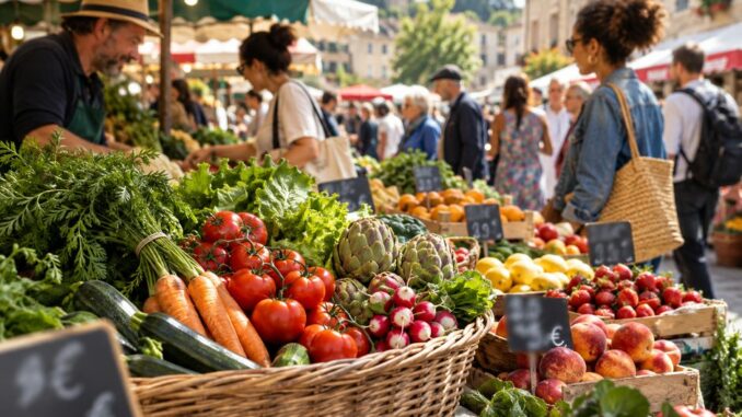 panier de légumes bio sur un marché français