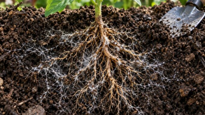 racines de jeune plant entourées de filaments de mycorhizes