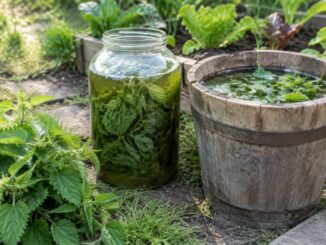 Seau en bois et bocal de feuilles d'ortie en macération dans l'eau, à côté d'une planche de potager