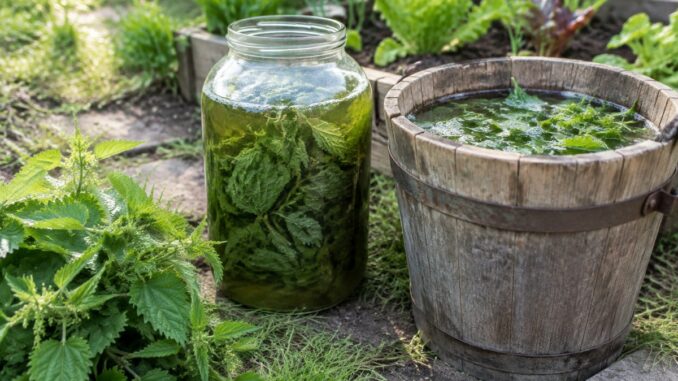 Seau en bois et bocal de feuilles d'ortie en macération dans l'eau, à côté d'une planche de potager