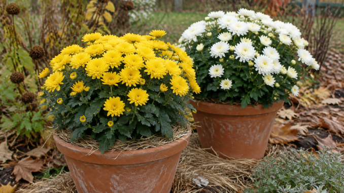 Chrysanthèmes en fleurs jaunes et blancs en pots sur un pas de porte en automne. Illustration générée par IA.
