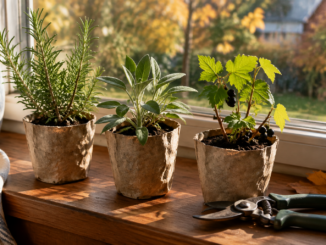 Petits pots recyclés avec des boutures de romarin, sauge et groseillier sur un rebord de fenêtre en lumière d'automne, sécateur à côté