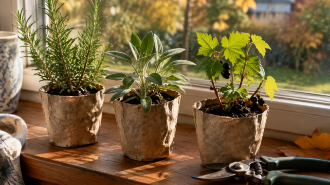 Petits pots recyclés avec des boutures de romarin, sauge et groseillier sur un rebord de fenêtre en lumière d'automne, sécateur à côté