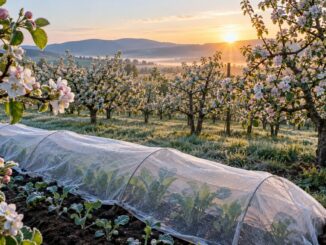 verger en fleurs sous une légère gelée matinale