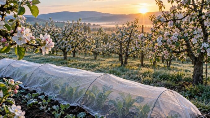 verger en fleurs sous une légère gelée matinale