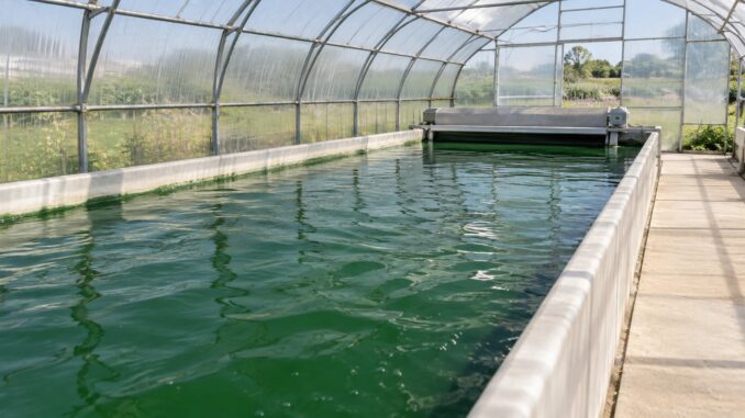 Bassin de culture de spiruline sous serre, avec une allée vide à côté. Illustration générée par IA.